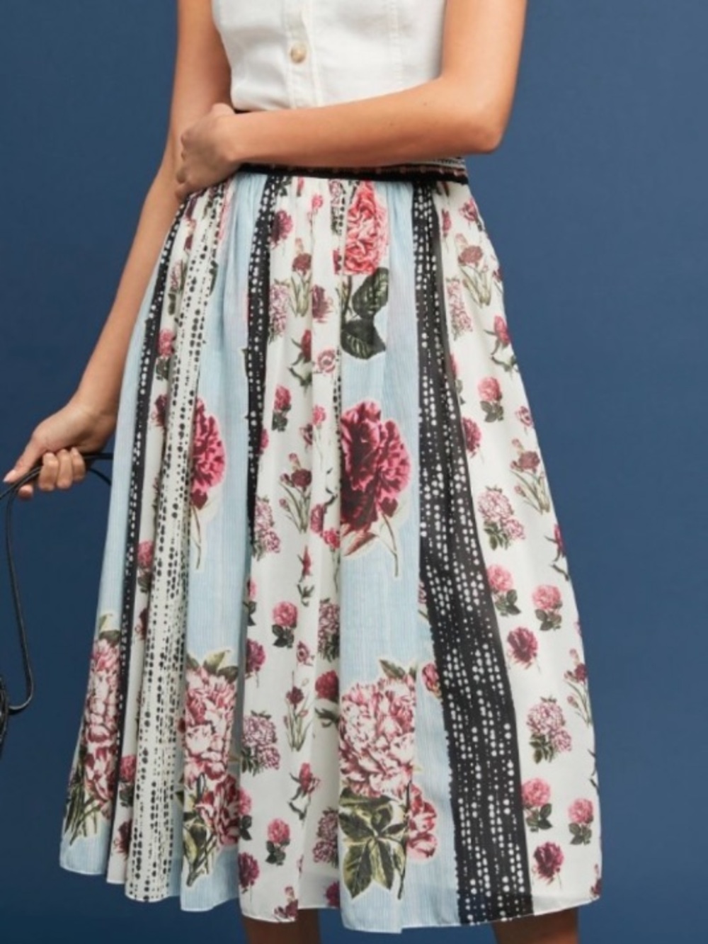 Verb Pallas Singhee Blue Black Stripe Floral Chiffon Midi Skirt 0P 0 Petite